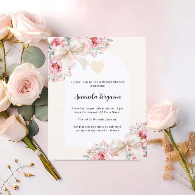 Bröllopsinbjudan med beige band och rosa blommor (Skapare uppladdad)