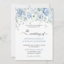 Bröllopsinbjudan med blekblå rosor Hydrangeas