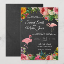 Bröllopsinbjudan med blommande flamingo på svart t