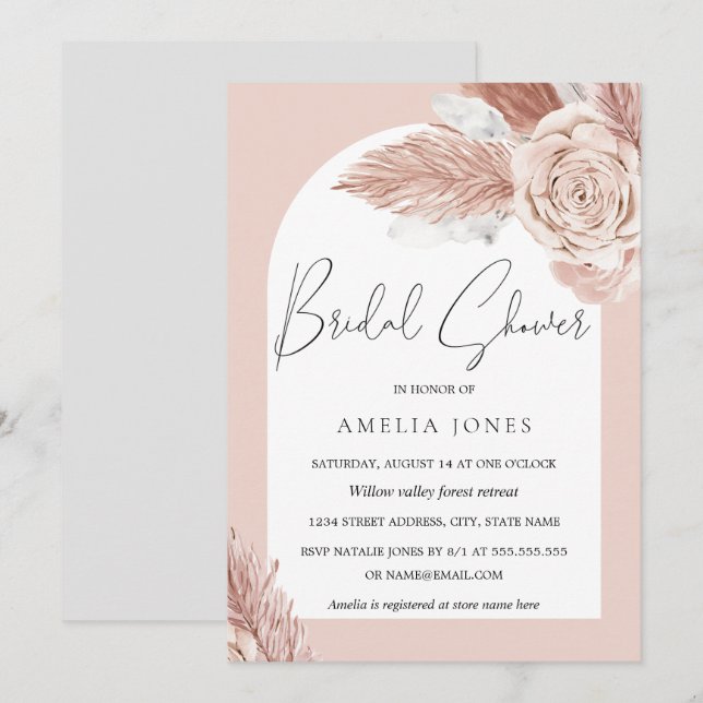 Bröllopsinbjudan med Blush Boho Blommig Båge Inbjudningar (Fram/baksida)