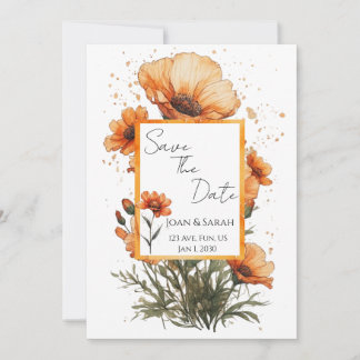 Bröllopsinbjudan med brända orange blommor inbjudningar