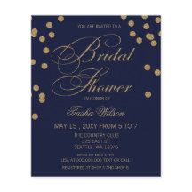 Bröllopsinbjudan med budget navy-guld-konfetti