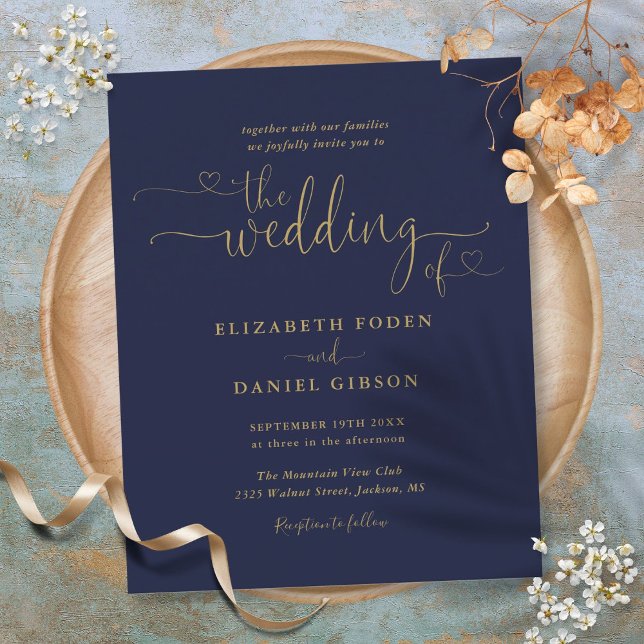 Bröllopsinbjudan med Budget Navy Och Guldhjärtan M (Budget Navy And Gold Hearts Script Wedding Invite)