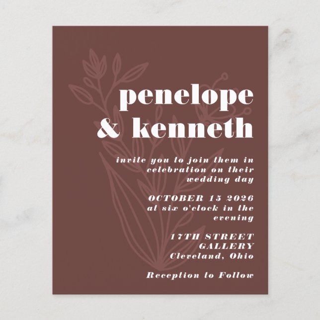Bröllopsinbjudan med budget - Rustik Brun Botanisk (Framsida)