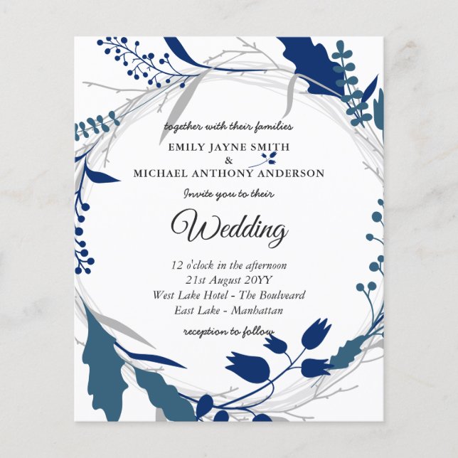 Bröllopsinbjudan med budget vinter blå vit (Framsida)