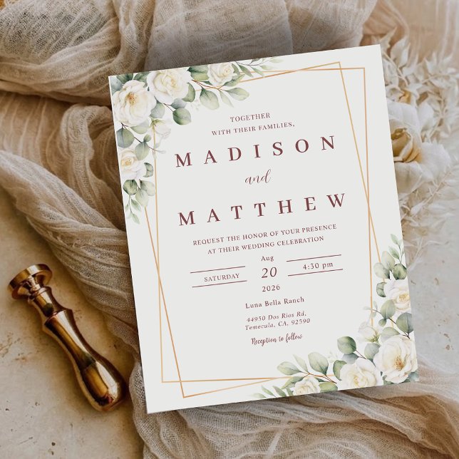 Bröllopsinbjudan med budgetvit blommig design (Budget White Floral Wedding Invitation)