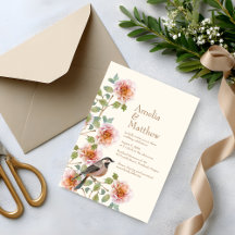 Bröllopsinbjudan med fåglar i blommor
