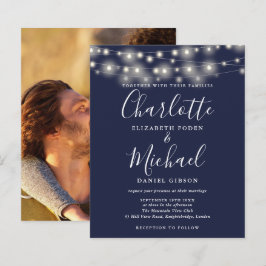 Bröllopsinbjudan med foto och blåa lampor till bud