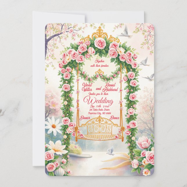 Bröllopsinbjudan med guldsvängande blommor inbjudningar (Framsida)