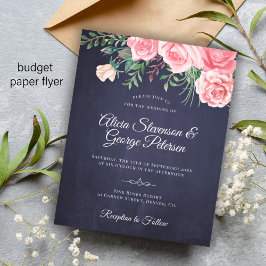Bröllopsinbjudan med lantlig navblå och rosa blomm flygblad