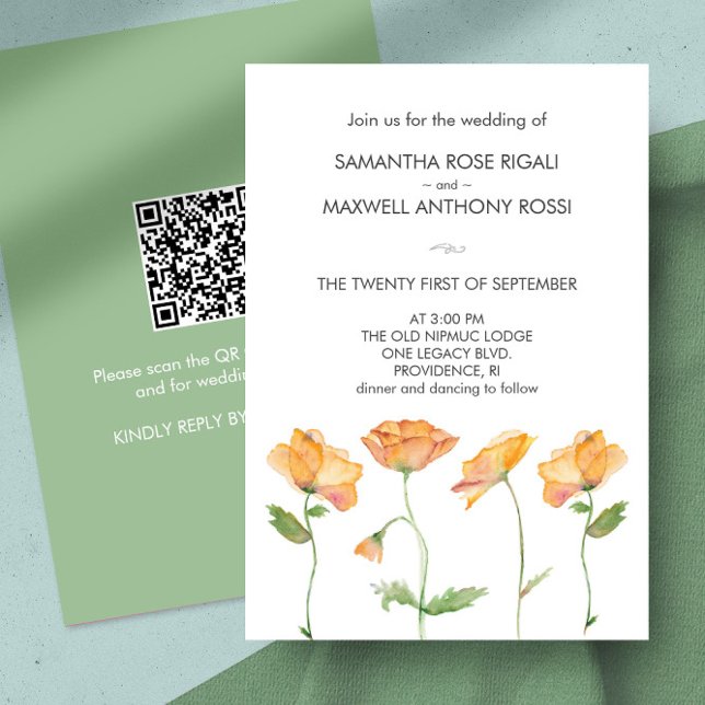 Bröllopsinbjudan med Orange av QR-kod Inbjudningar (Wedding invitation QR code watercolor orange wildflowers by Victoria Grigaliunas of Do Tell A Belle)