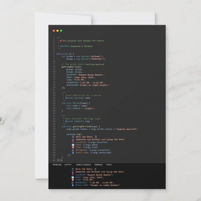Bröllopsinbjudan med programmerar- och utvecklarte inbjudningar (Framsida)