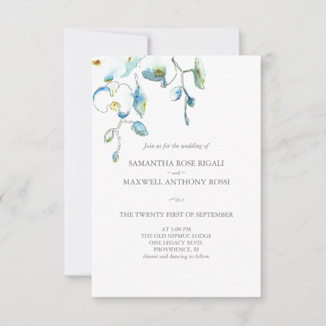 Bröllopsinbjudan med QR-kod Blåa blommor Inbjudningar (Framsida)