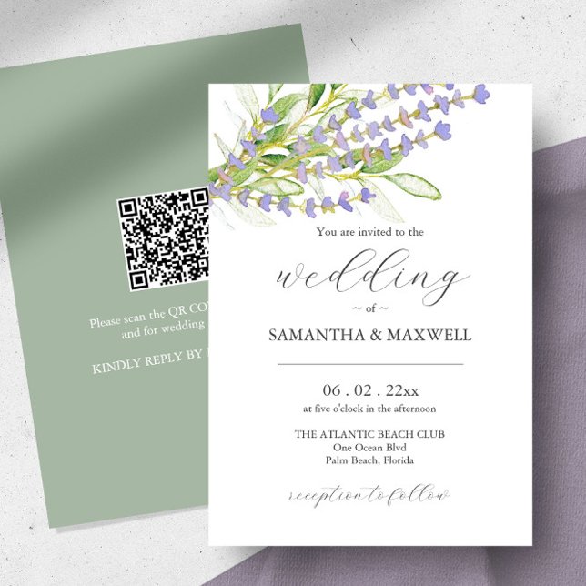 Bröllopsinbjudan med QR-kod Botanical Lavender Inbjudningar (Wedding invitation QR code watercolor lavender art by Victoria Grigaliunas of Do Tell A Belle)