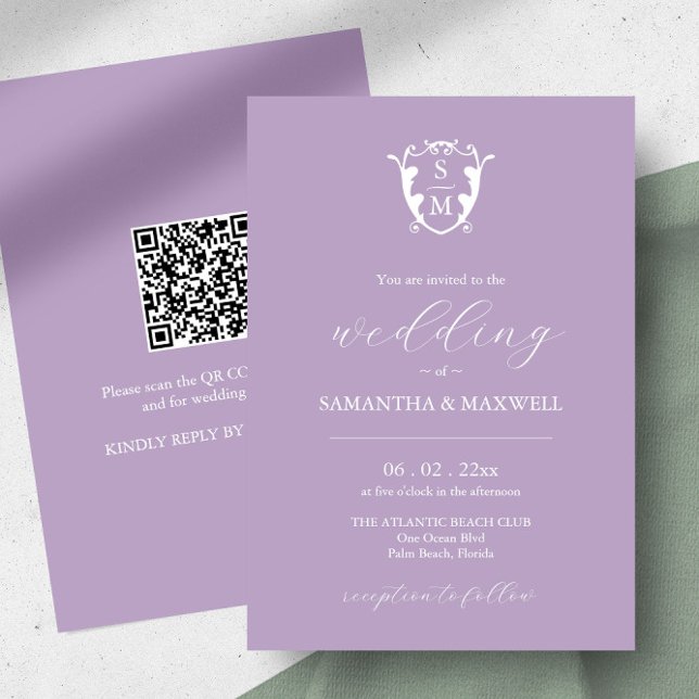 Bröllopsinbjudan med QR-kod Inbjudningar (Wedding Invitations Lavender monogram QR code crest art by Victoria Grigaliunas of Do Tell A Belle)