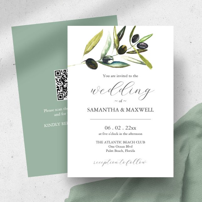Bröllopsinbjudan med QR-koden Botanisk olivolja Inbjudningar (Wedding invitations watercolor olive branch and QR code art by Victoria Grigaliunas Do Tell A Belle)