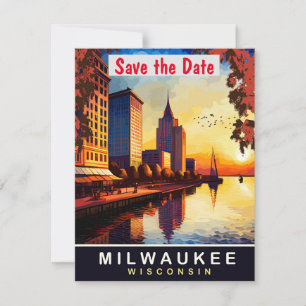 Bröllopsinbjudan med retrovy över Milwaukee Spara Datumet