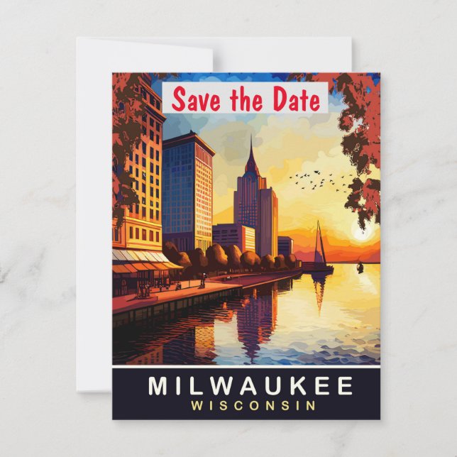 Bröllopsinbjudan med retrovy över Milwaukee Spara Datumet (Framsida)