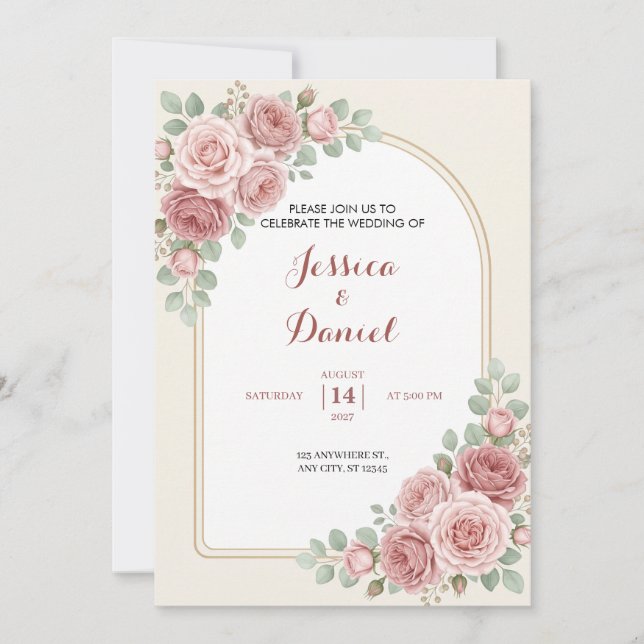 Bröllopsinbjudan med romantisk blomsterbåge i rosa inbjudningar (Framsida)