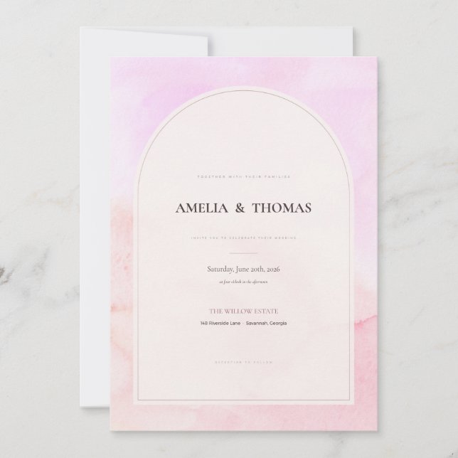 Bröllopsinbjudan med rosa akvarellbåge inbjudningar (Framsida)