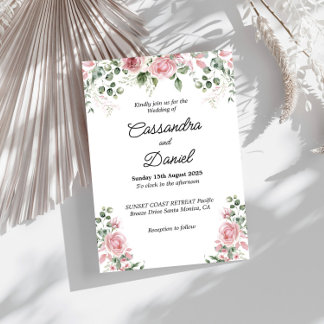 Bröllopsinbjudan med rosa blommor och grönska inbjudningar
