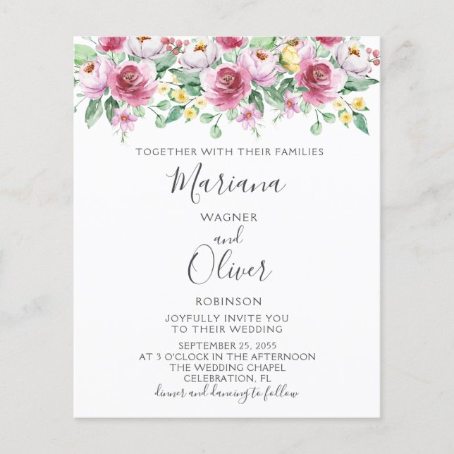 Bröllopsinbjudan med rosa gula blommor på budget (Framsida)
