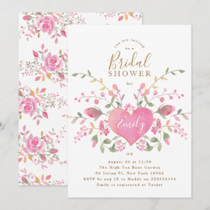 Bröllopsinbjudan med rosa hjärta och blommor inbjudningar