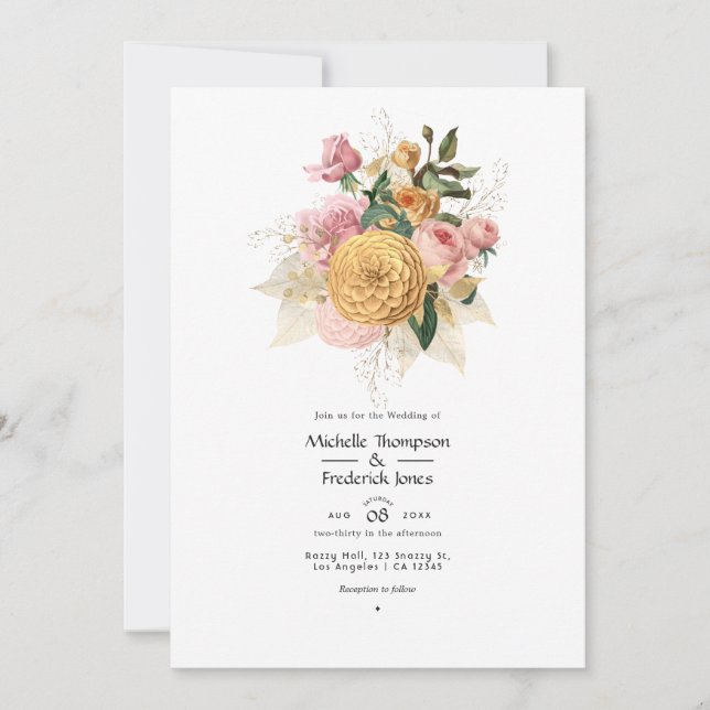  Bröllopsinbjudan med rosa och guld blommor Inbjudningar (Framsida)