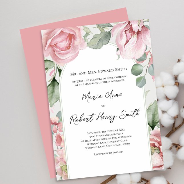Bröllopsinbjudan med rosabåge och grönska i rosa n inbjudningar (Blush pink floral wedding design with watercolor roses and greenery arch, elegant script typography.)