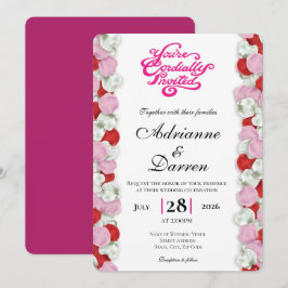 Bröllopsinbjudan med Rosblad 4 med Rosa Bokstäver Inbjudningar