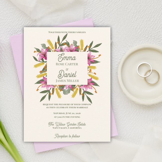 Bröllopsinbjudan med rosenskära liljor i botanisk  vykort (Blush Pink Lily Botanical Wedding Invitation )