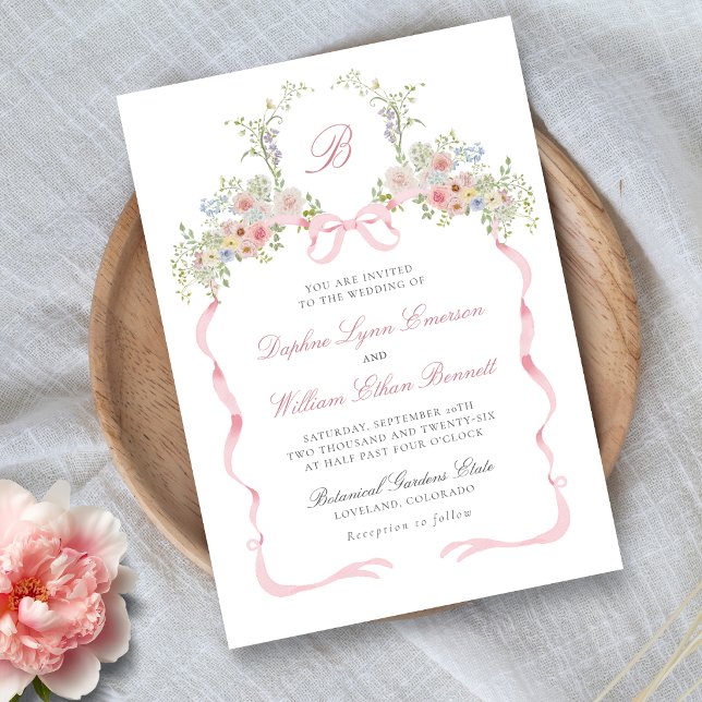 Bröllopsinbjudan med slingor och vilda blommor inbjudningar (Monogrammed Bows and Wildflowers Victorian Wedding Invitation
)