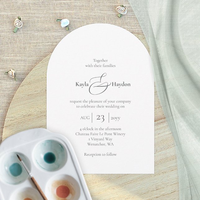 Bröllopsinbjudan med stående text, grundläggande t inbjudningar (simple, minimalist, blank text-only wedding invitation, modern arched, elegant script)