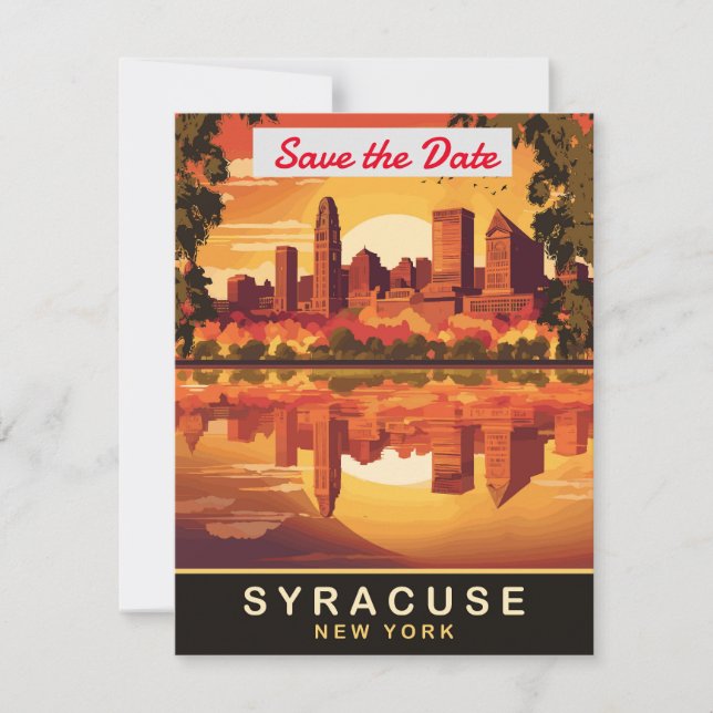 Bröllopsinbjudan med Syracuse New York-horisonten Spara Datumet (Framsida)