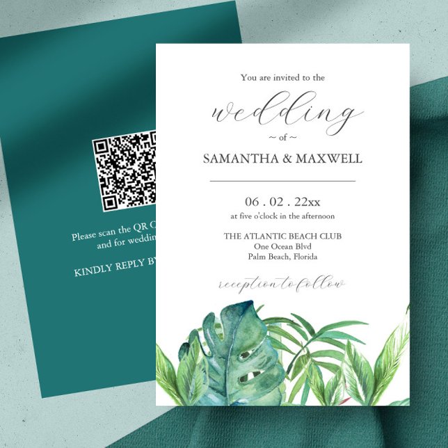 Bröllopsinbjudan med Tropiska Löv för QR-kod Inbjudningar (Affordable destination wedding ideas feature tropical watercolor art by Victoria Grigaliunas )