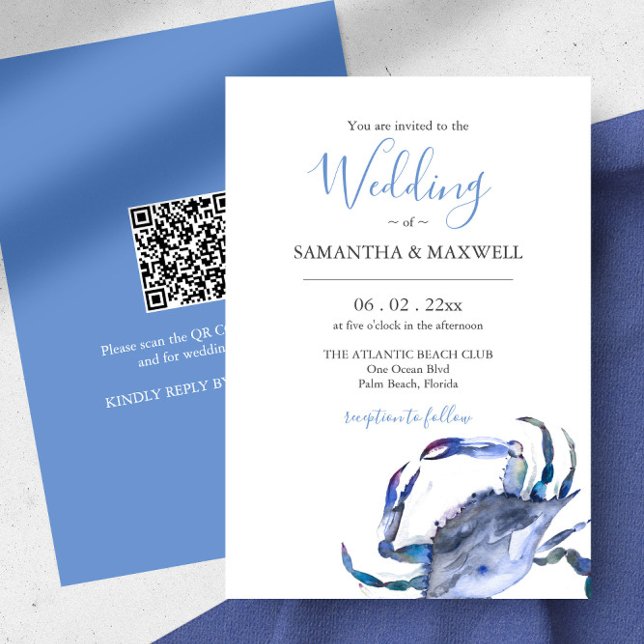 Bröllopsinbjudan med vattenfärgskrabba med QR-kod Inbjudningar (Beach Wedding invitations with QR code features a watercolor blue crab by Victoria Grigaliunas )