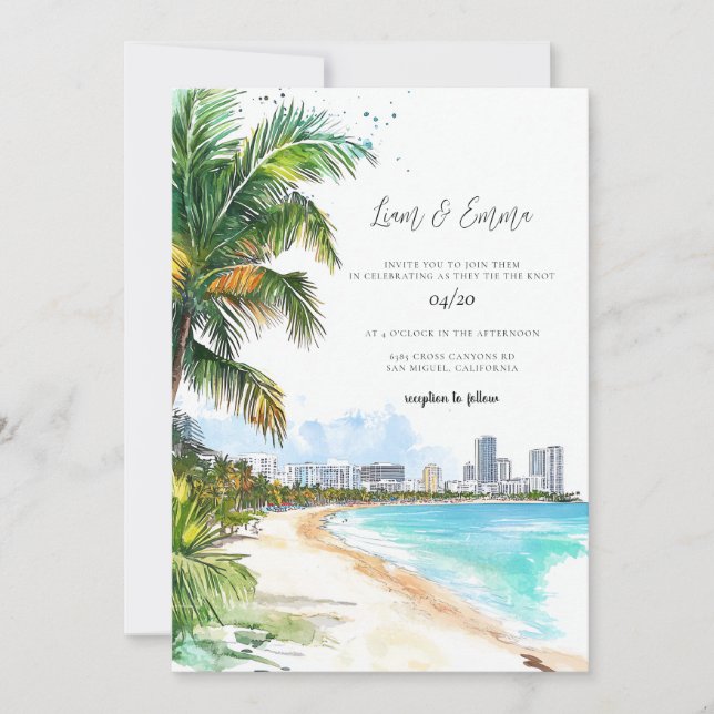 Bröllopsinbjudan Miami Beach Palm Tree Inbjudningar (Framsida)