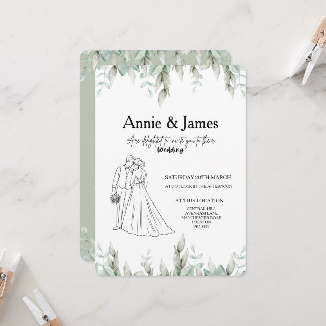 Bröllopsinbjudan minimalistisk linjearbetad duo inbjudningar (Fram/Back In Situ)