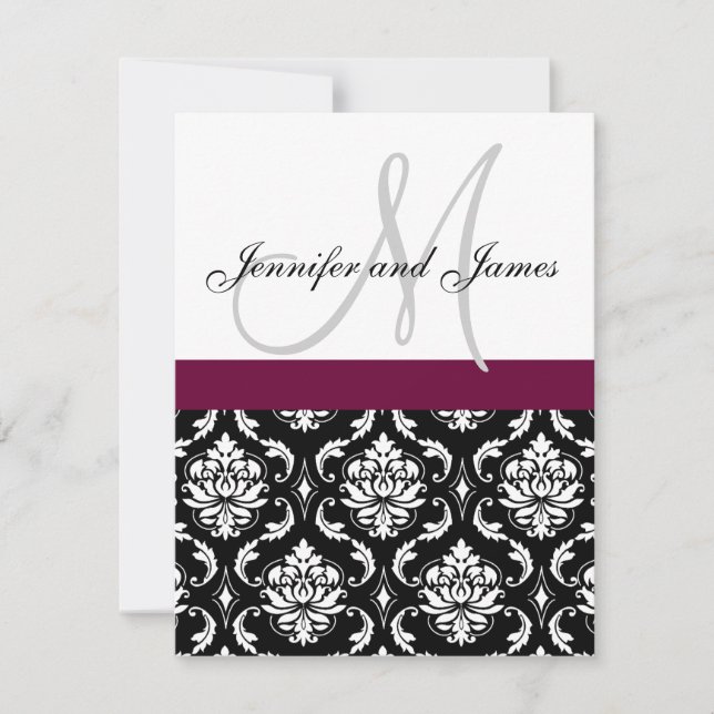 Bröllopsinbjudan Monogram Burgundy Black Damask Inbjudningar (Framsida)