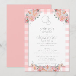 Bröllopsinbjudan | Monogram Coral Gingham Blommigt Inbjudningar