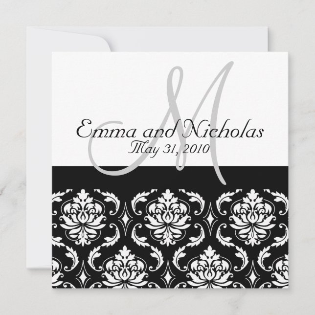 Bröllopsinbjudan Monogram M Damask Black & White Inbjudningar (Framsida)
