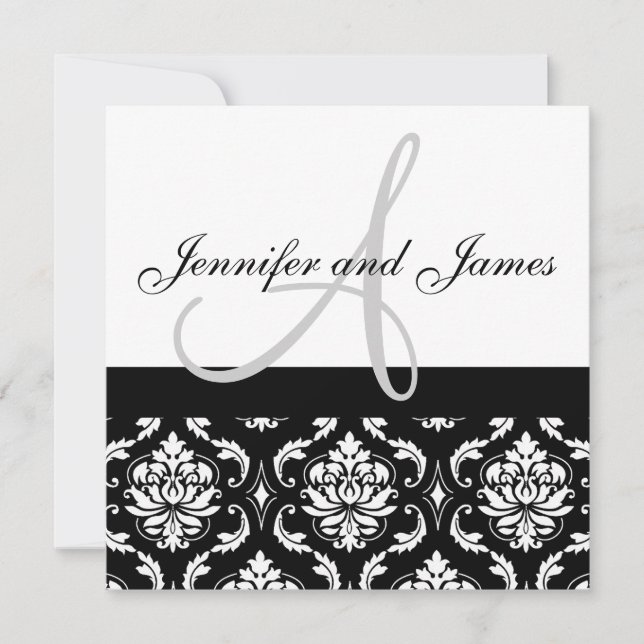 Bröllopsinbjudan Monogram Namn Black Damask Inbjudningar (Framsida)