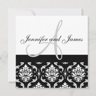 Bröllopsinbjudan Monogram Namn Black Damask Inbjudningar