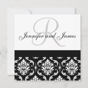 Bröllopsinbjudan Monogram Namn Black Damask Inbjudningar
