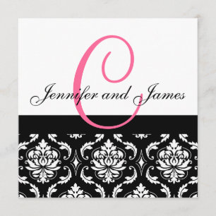 Bröllopsinbjudan Monogram Namn Shock rosa Damask Inbjudningar