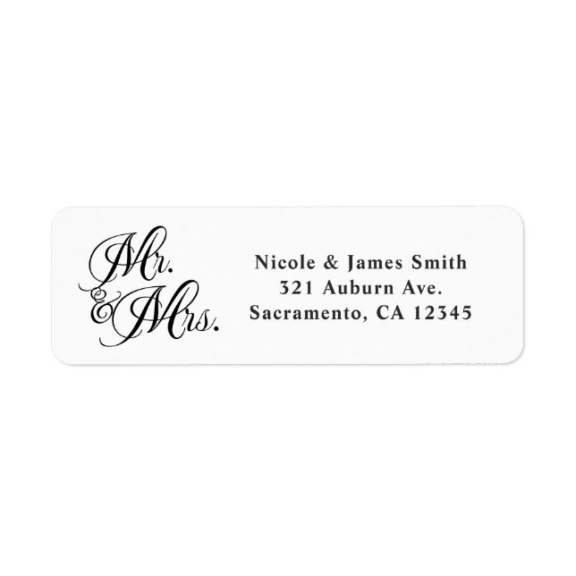 Bröllopsinbjudan Mr. & Mrs. Black White Script Returadress Etikett (Framsidan)