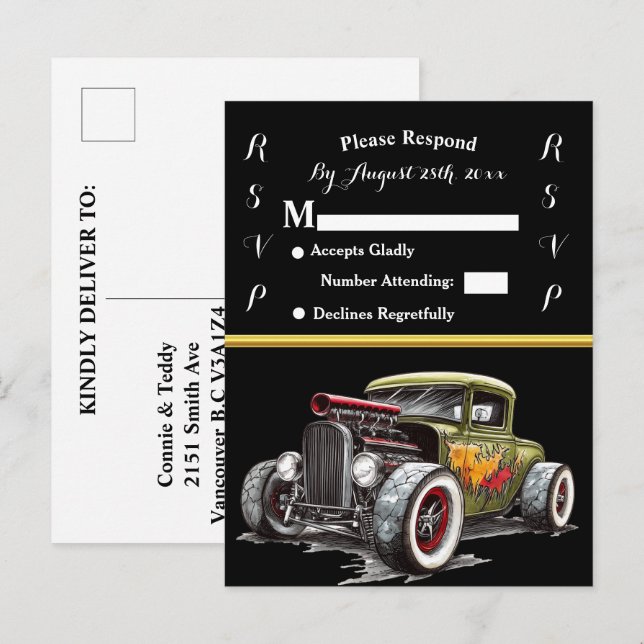Bröllopsinbjudan och Hot Rod Inbjudan Vykort (Fram/baksida)