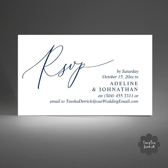 Bröllopsinbjudan OSA, modernt romsk påminnelse Tilläggskort (Wedding Invitation RSVP Modern Minimalist Design Reminder Email Phone Texting in Classy Navy Blue)