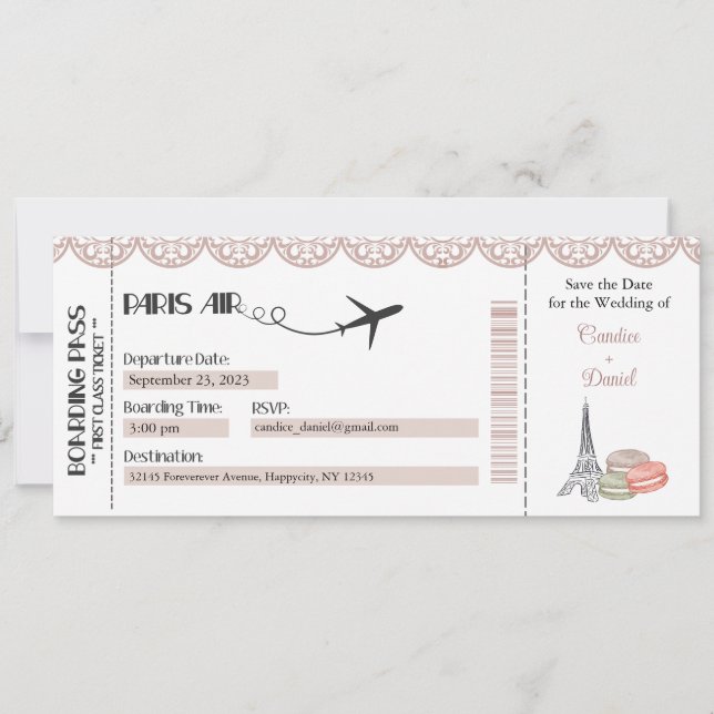 Bröllopsinbjudan, Paris Boarding Pass Inbjudningar (Framsida)