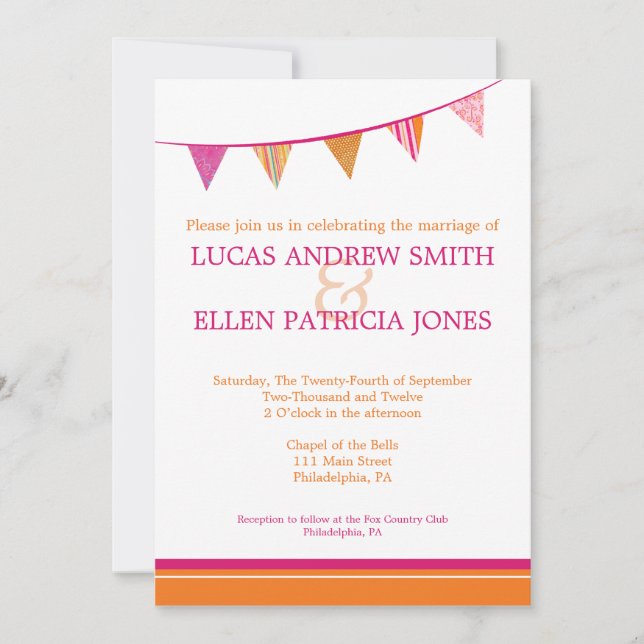 Bröllopsinbjudan party Flaggor - Rosa och Orange Inbjudningar (Framsida)
